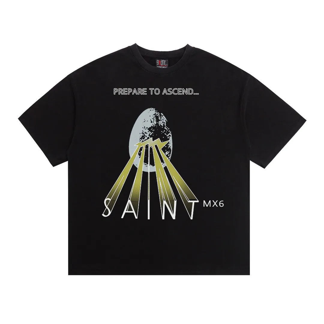 Saint Michael meteorite PREPARE TO ASCEND retro direct-injection distressed printed loose short-sleeved T-shirt. Digital white ink direct-injection. The fabric is breathable and the pattern is three-dimensional and clear. Fabric: Double yarn 240g Style number: S885 Size: S-M-L-XL Color: Washed black Price: P118